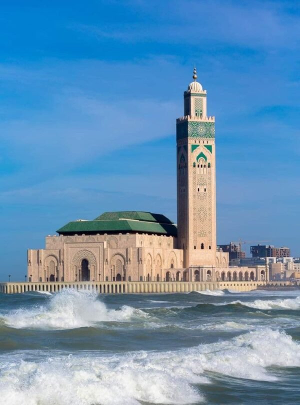 Hassan II Mosque in Casablanca overlooking the Atlantic Ocean, the main departure city for Morocco tours from Casablanca.